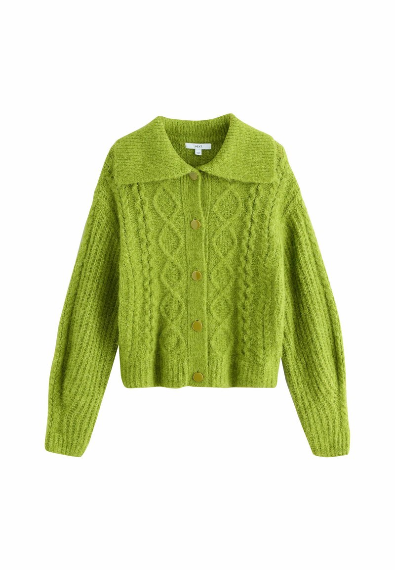 Cardigan lavorato a maglia in verde brillante, con un collo a collare, chiusura anteriore con bottoni e motivi a cavo testurizzati. Maniche corte e larghe.