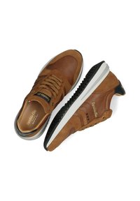 Bruine suède sneakers met een glad leren neus, witte zool, gestructureerde accenten en decoratieve sterren aan de zijkant. De veters zijn bruin en plat.