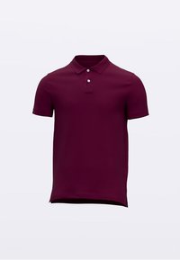 Bordeauxrode korte mouw polo van gladde stof, met een omgeslagen kraag en een drieknopsbies. Eenvoudig ontwerp, zonder patronen.