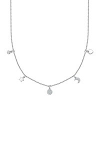 Srebrna verižica z petimi obeski: srce, zvezda, luna, okrogli viseči element s kamni in majhen prozoren kamen.