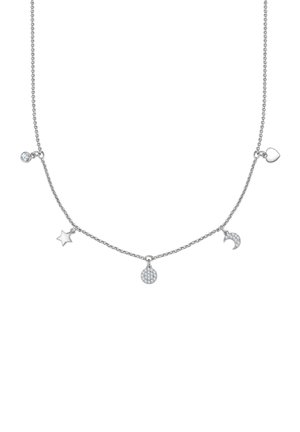 Strieborný náhrdelník s päťou príveskami: srdce, hviezda, mesiac, kruhový prívesok so kamenmi a malý priehľadný kameň.