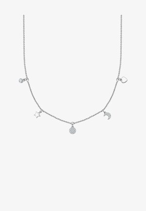 Zilveren ketting met vijf bedels: een hart, ster, maan, een cirkelvormige hanger met stenen en een kleine heldere steen.