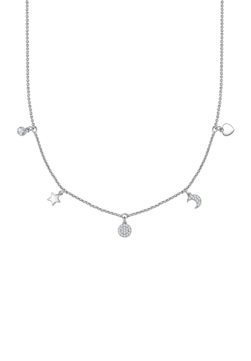 Srebrna verižica z petimi obeski: srce, zvezda, luna, okrogli viseči element s kamni in majhen prozoren kamen.