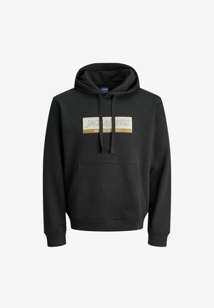 Czarna bluza z kapturem wykonana z bawełny z przednią kieszenią kangurką. Posiada białą i złotą naszywkę z logo "JACK & JONES" oraz sznurek w kapturze.
