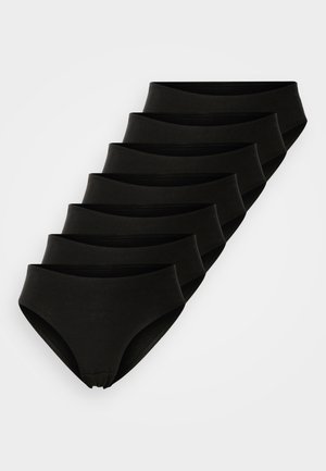 Mustad mustrast valmistatud mustad puuvillased aluspüksid on toodud kuhjatult, paistavad silma sileda tekstuuri, keskmise kõrgusega vöökoha ja puhta lõikega jalaservadega.