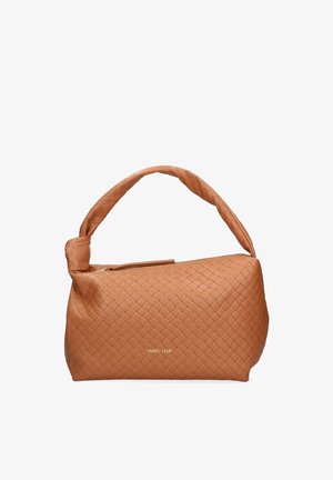 Tankleurige gewatteerde leren handtas met geknoopte handgreep en gouden Marc Ellis-logo aan de voorkant.