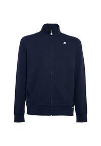 Giacca zip-up blu navy realizzata in un tessuto morbido, con un alto colletto, zip frontale e un logo in evidenza sul petto. Polsi e orlo a coste.