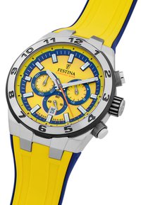 Orologio in acciaio inossidabile argentato con quadrante circolare giallo, dettagli blu, funzioni cronografiche e cinturino in silicone giallo. Resistente all'acqua fino a 10 bar.