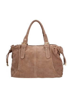 Sac à main en daim marron avec des poignées doubles, des accents en métal doré et des sangles latérales ajustables, d'une texture douce et d'une forme structurée.