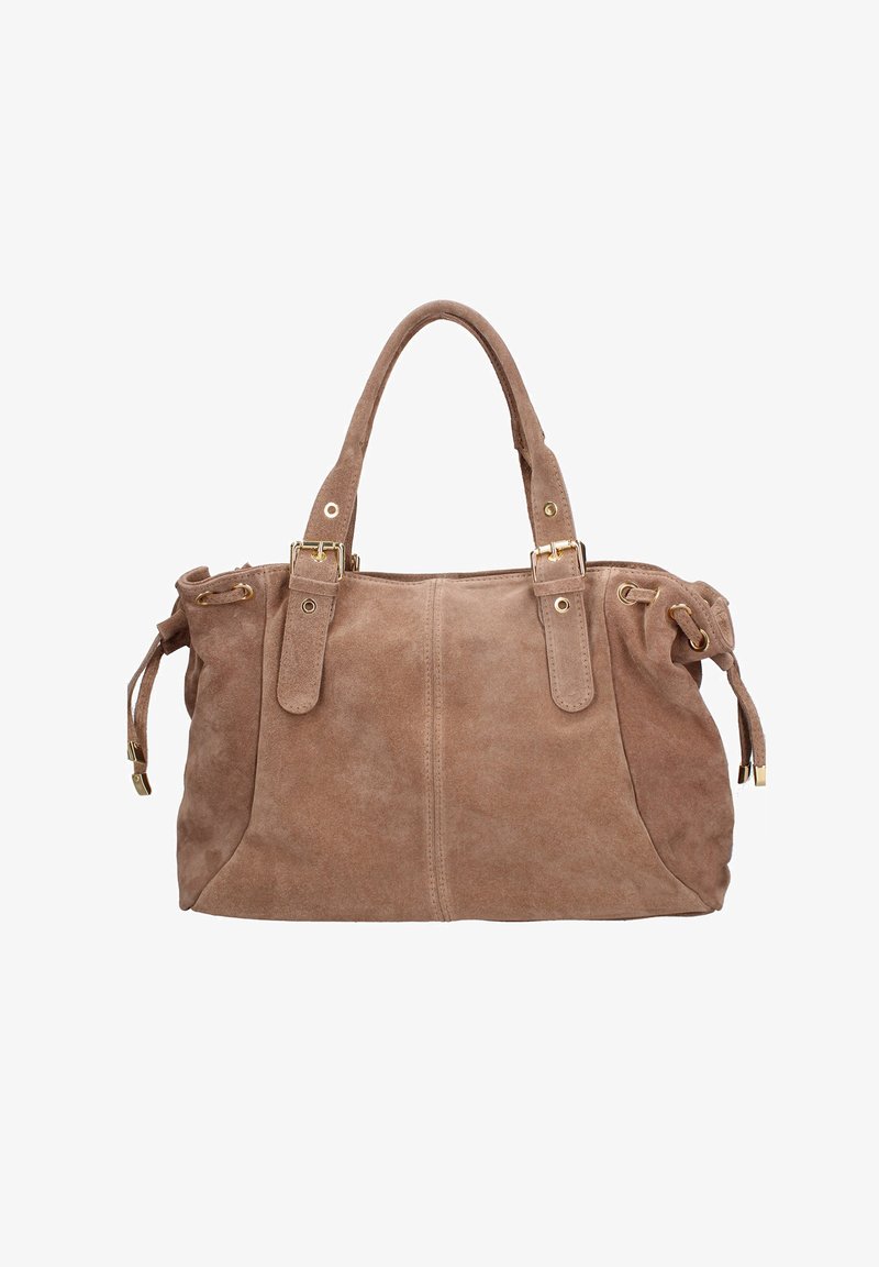 Borsa in suede marrone con manici doppi, dettagli in metallo dorato e cinturini laterali regolabili, caratterizzata da una texture morbida e una forma strutturata.