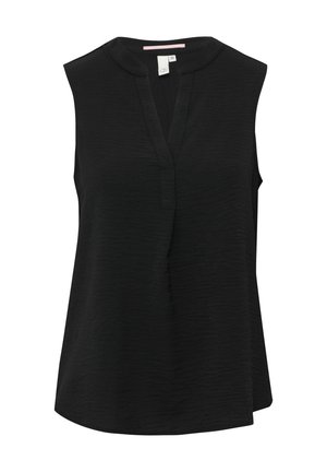 Czarna bezrękawnikowa bluzka z dekoltem w serek, wykonana z fakturowanej tkaniny. Posiada ukrytą listwę i luźny krój. Metka widoczna wewnątrz.