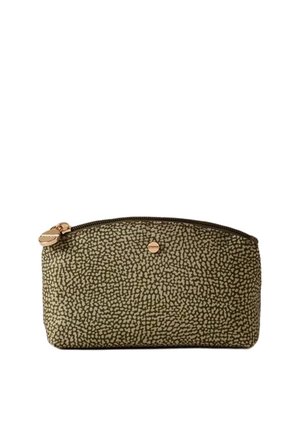 Petite pochette vert olive avec un motif beige clair irrégulier, une fermeture éclair dorée et un accent rond doré sur le devant.