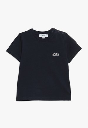 Sort kortærmet baby T-shirt med Hugo Boss-logo på brystet og trykknapper på venstre skulder for nem påklædning.