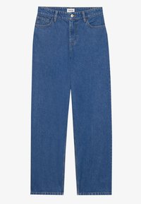 Blue denim jeans with a straight cut, five-pocket design, and a button closure. Smooth texture with a classic, uniform wash.