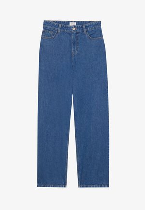 Blå denimjeans med rett snitt, fem lommer og knappelukking. Glatt tekstur med en klassisk, jevn vask.