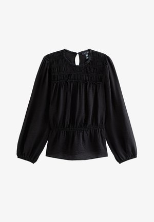 Czarna bluzka z długim rękawem, marszczonym karczkiem, elastycznymi mankietami, taliowaniem i małym guzikiem zamykającym klapę z tyłu przy szyi.