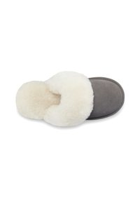 Gray suede slipper with a fluffy white shearling lining, open-toe design, and a flat sole. Soft texture and cozy appearance.