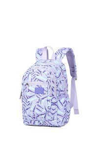 Purple and light blue backpack with a geometric pattern, multiple zippered compartments, padded straps, and a top carry handle.