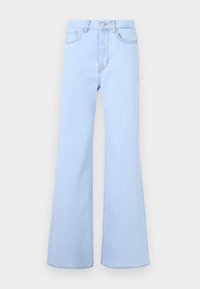 Lys blå flared jeans med høy midje, med fem lommer, knappelukking og en glatt denimstruktur. Kanten er pent sydd.