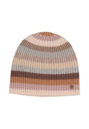 Garen gebreide ribcap met horizontale strepen in tan, bruin, grijs, crème en roze tinten, voorzien van een klein rond metalen logo-label.