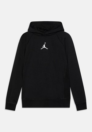 Czarna bluza z kapturem i długimi rękawami, z białym logo Jumpman na środku klatki piersiowej.