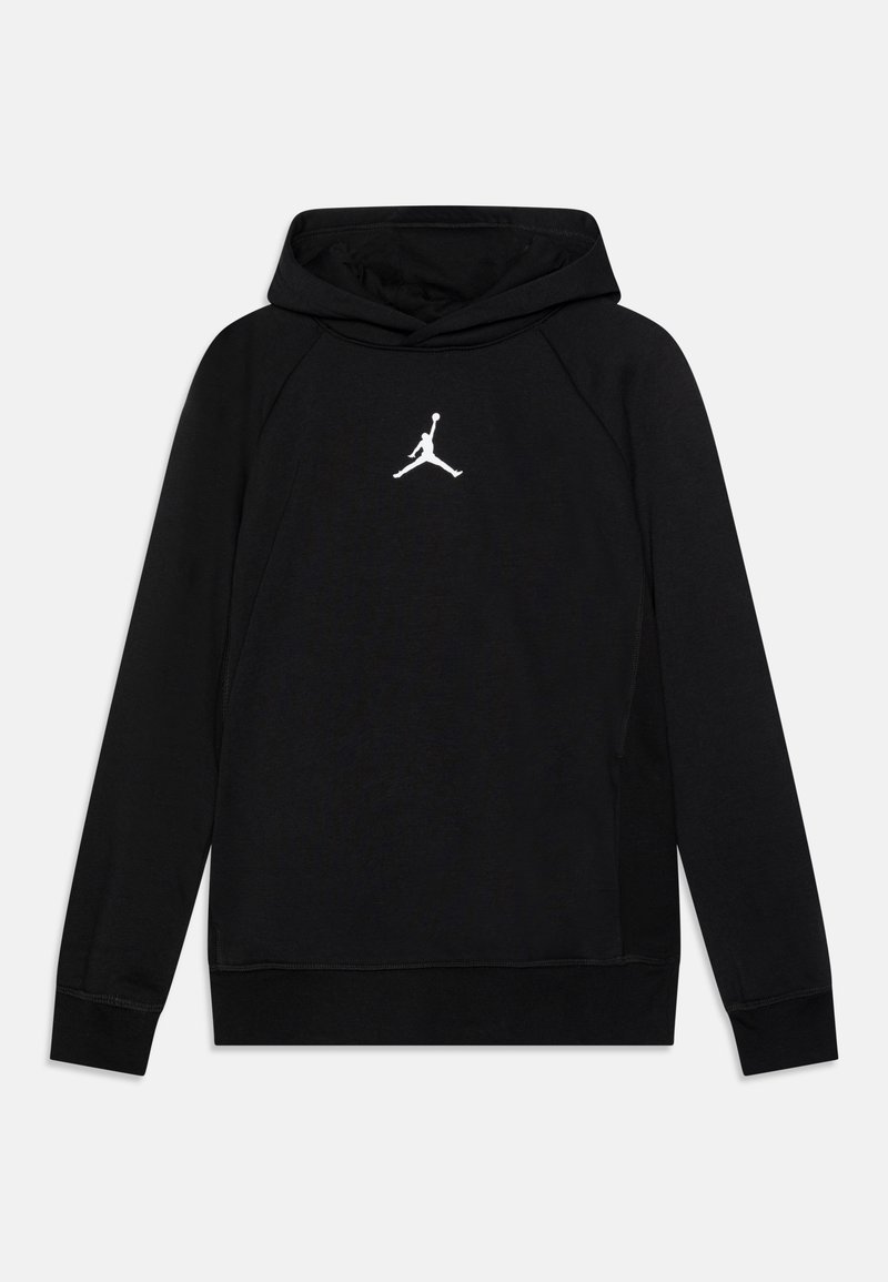 Sweat à capuche noir à manches longues avec un logo Jumpman blanc centré sur la poitrine.