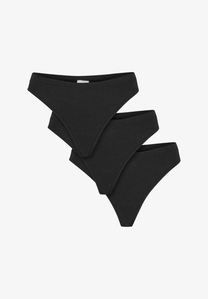 Zwarte katoenen stringondergoed in een geribbelde textuur. Heeft een lage taille en een minimale bedekkingsontwerp. Drie stukken samen weergegeven.