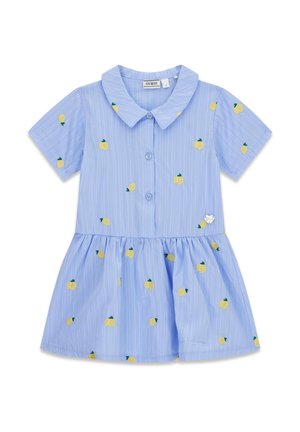 Lyseblå kjole med korte ærmer, hvide striber, gule citronmønstre, knapper foran, Peter Pan-krave og taljesøm.