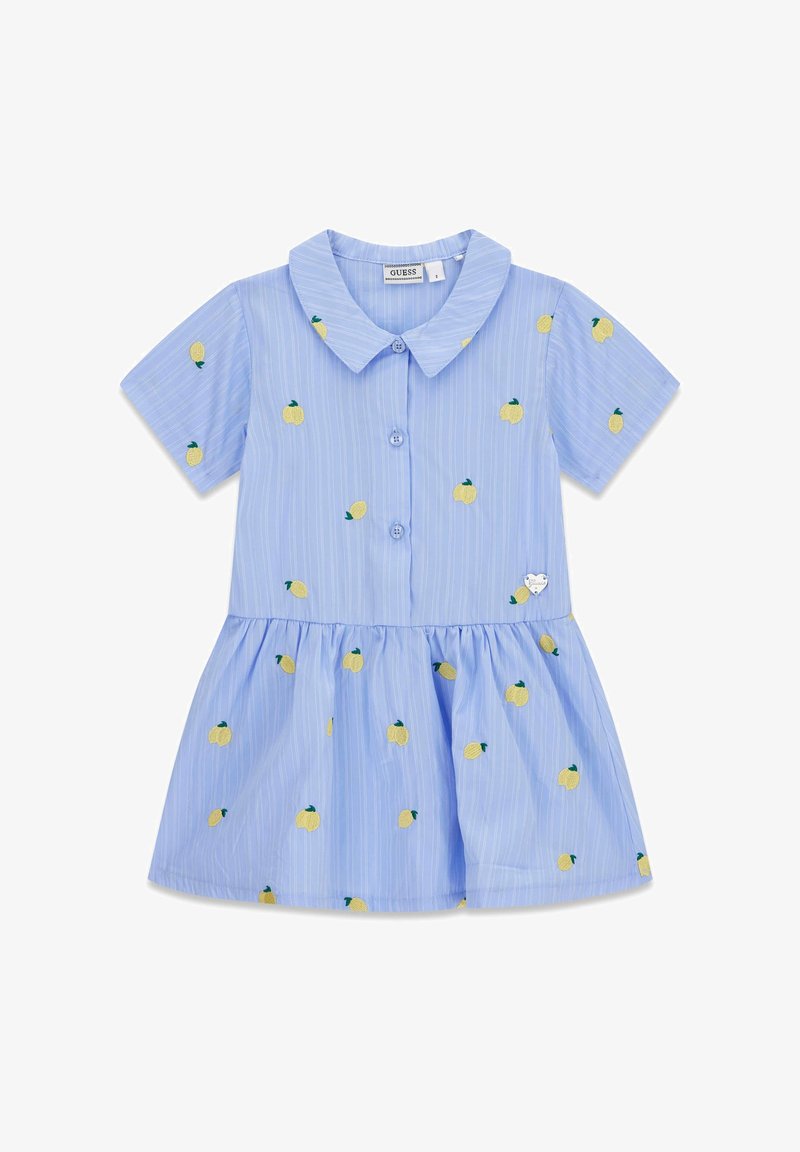 Φόρεμα κοντό με κοντά μανίκια σε ανοιχτό γαλάζιο χρώμα με λευκές ρίγες, μοτίβα από κίτρινα λεμόνια, κουμπιά μπροστά, γιακά Peter Pan και σούρες στη μέση.