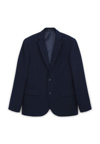 Blazer blu navy realizzato in tessuto liscio, con revers a punta, due tasche frontali e chiusura a doppio petto. Design minimalista senza motivi visibili.