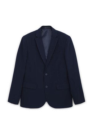 Blazer blu navy realizzato in tessuto liscio, con revers a punta, due tasche frontali e chiusura a doppio petto. Design minimalista senza motivi visibili.