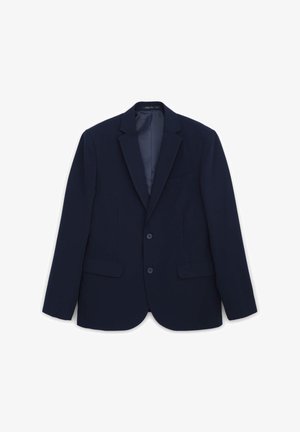 Veste de marine en tissu lisse, avec un revers cranté, deux poches avant et une fermeture à deux boutons. Design minimaliste sans motifs visibles.