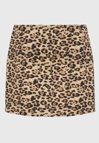 Mini gonna con stampa leopardata, caratterizzata da una base beige, macchie nere e marroni, e una texture liscia con taglio dritto e orlo. 