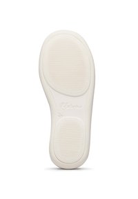Suola di scarpa in gomma bianca con texture rigata, forma arrotondata e logo del marchio. Presenta uno spessore variabile e bordi lisci per una maggiore aderenza.