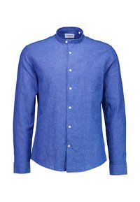 Camicia in lino blu con collo alto a banda, maniche lunghe e chiusura frontale con bottoni. Presenta una texture sottile e un orlo curvo.