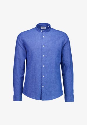 Blaues Leinenhemd mit hohem Stehkragen, langen Ärmeln und Knopfleiste vorne. Verfügt über eine dezente Textur und einen abgerundeten Saum.