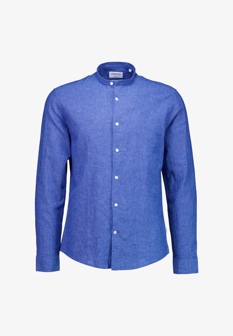 Blauw linnen overhemd met een hoge bandkraag, lange mouwen en een sluiting met knopen aan de voorkant. Heeft een subtiele textuur en een afgeronde zoom.