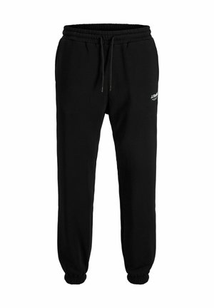 Schwarze Jogginghose aus weichem Stoff, mit einem elastischen Bund und Kordelzug, gerippten Bündchen und einem kleinen weißen Logo-Druck.