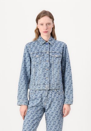 Blue denim jacket with a geometric pattern; features a collared neck, button closure, and two front pockets. Textured and fitted design.