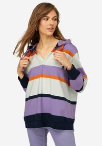 Felpa con cappuccio a righe nei colori viola, arancione e blu navy, dotata di scollatura a V e orlo elasticizzato. Realizzata in tessuto morbido con una vestibilità comoda.