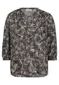 Black and beige blouse featuring a leaf print, loose fit, v-neckline, and three-quarter sleeves with button details. Lightweight, textured fabric.