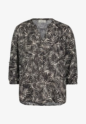 Zwarte en beige blouse met een bladerenprint, losse pasvorm, V-halslijn en driekwart mouwen met knoopdetails. Lichte, textuurstof.