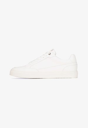 Witte sneaker met een glad leren buitenkant, ronde neus, zes veterogen en een gematteerde rubberen zool. Minimalistisch ontwerp, geen zichtbare patronen.