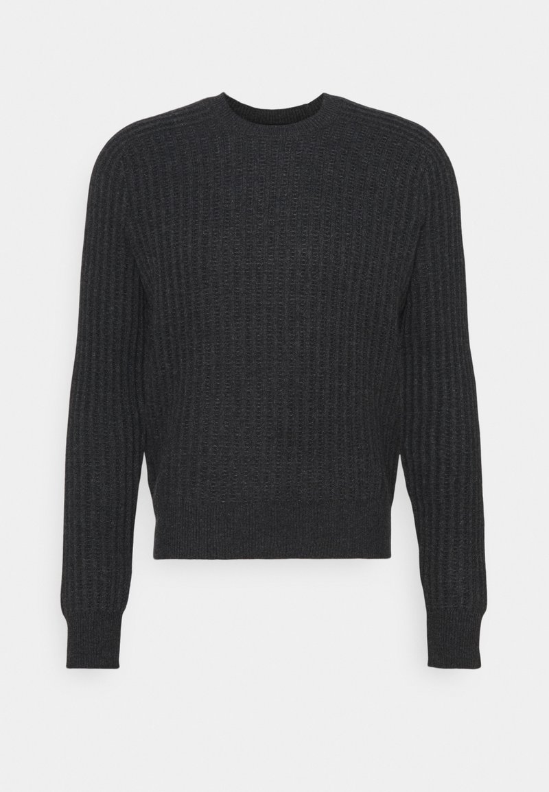 Grey knit sweater featuring a ribbed texture, round neckline, and long sleeves. Material appears soft and slightly stretchy.