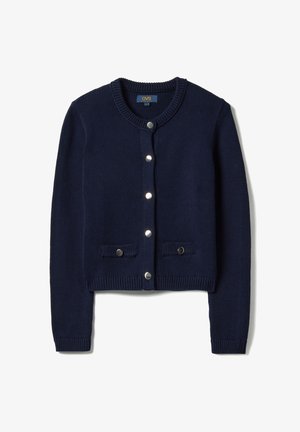 Marineblauw gebreid vest met ronde hals, zilveren drukknopen aan de voorkant en twee kleine voorzakken met knoopkleppen.