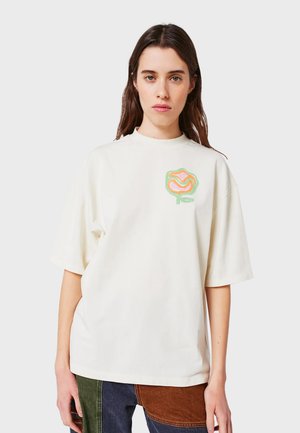White cotton t-shirt with short sleeves featuring a colorful rose graphic on the chest. Smooth texture and loose-fitting design.