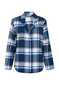 Niebieska i szara koszula nocna w kratę z długimi rękawami, kołnierzykiem i niebieskimi guzikami. Miękka tkanina o luźnym kroju i zaokrąglonym dole.