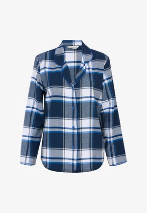 Niebieska i szara koszula nocna w kratę z długimi rękawami, kołnierzykiem i niebieskimi guzikami. Miękka tkanina o luźnym kroju i zaokrąglonym dole.