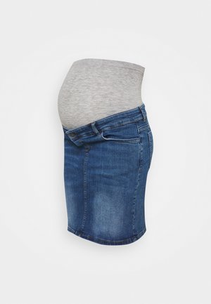 Blå denim graviditetsnederdel med elastisk grå linning designet til at passe over en gravid mave, vist fra siden.