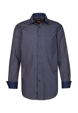 Marineblaue Hemd mit geometrischem Muster, langen Ärmeln, spitzem Kragen und kontrastierenden marineblauen Manschetten. Verfügt über eine Brusttasche.